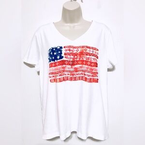 White V-Neck Tee with Distressed American Flag Print